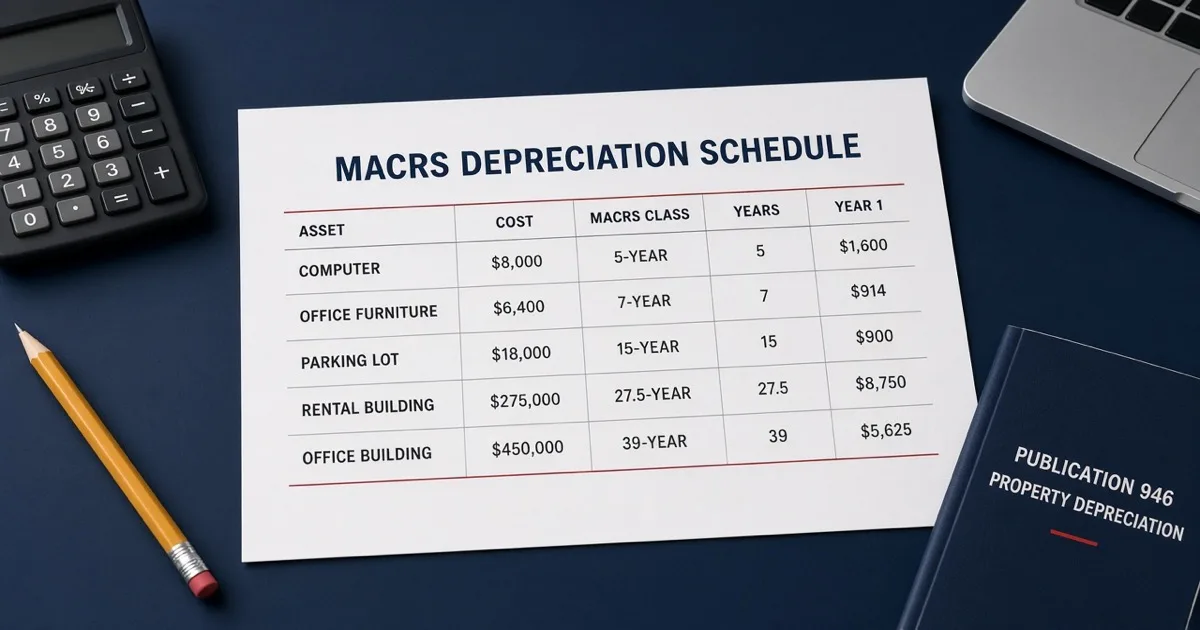 Printed MACRS depreciation schedule showing 5-year, 7-year, 15-year, 27.5-year, and 39-year IRS asset classes