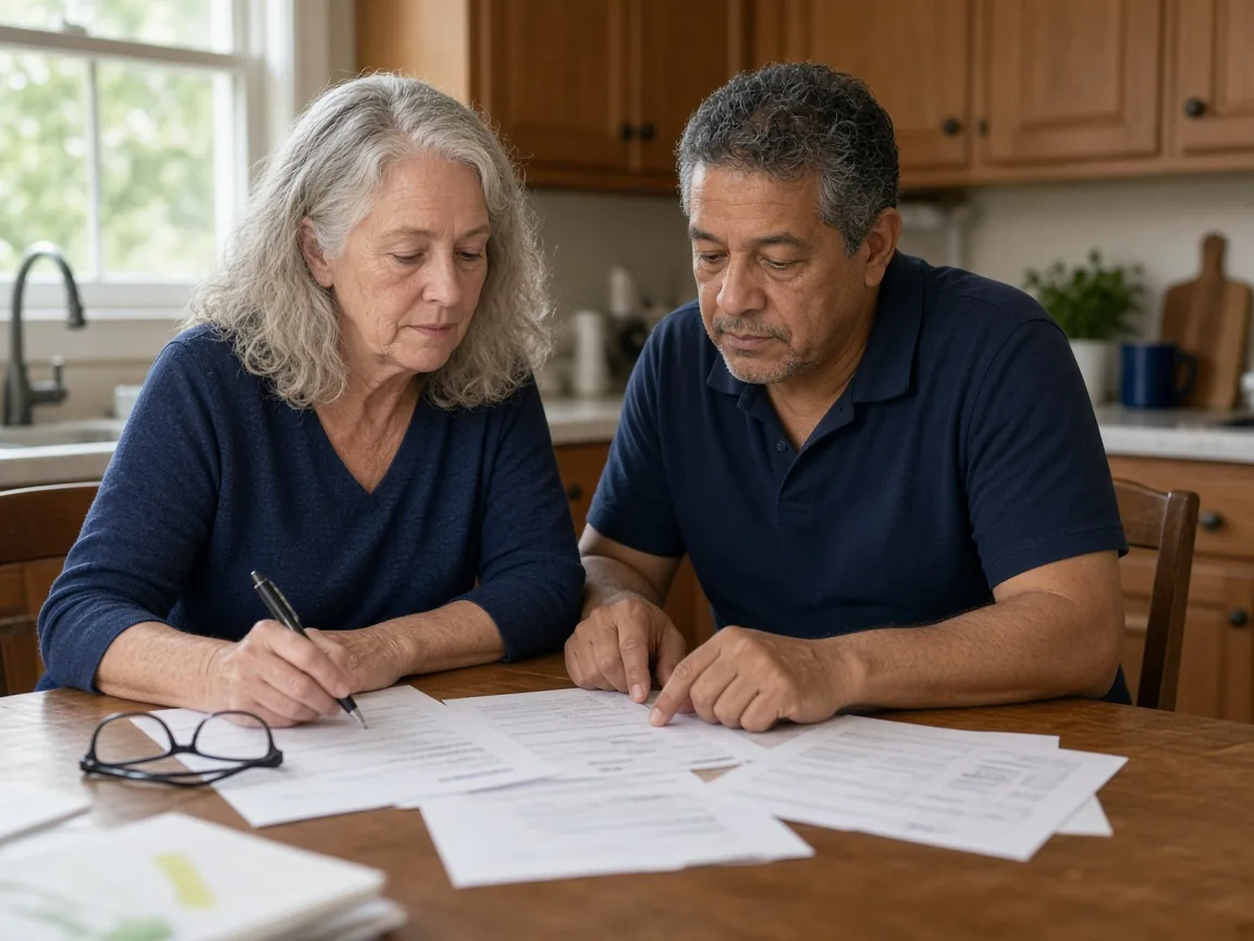 Couple reviewing papers at a kitchen table. Illustration, not a client photo.