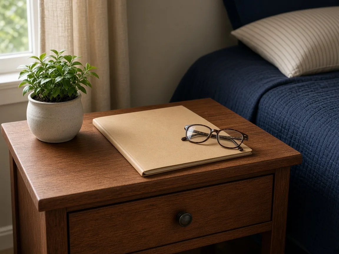 Folder and reading glasses on a bedside table